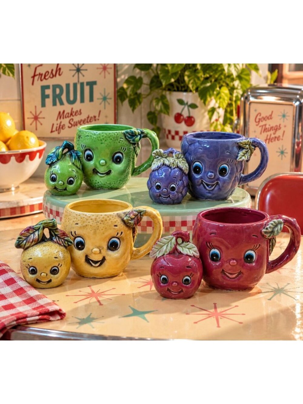 Vintage Enesco Anthropomorphic Fruit Mugs Salt Pepper Shakers Set of 8